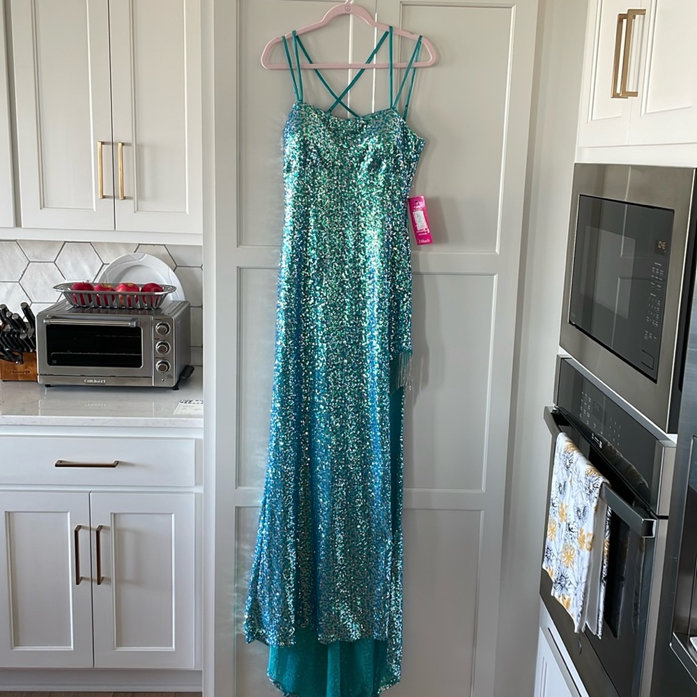 Next/Up Strappy Turquoise and Silver Sequin Dress with slit